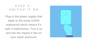 Illustration of blue hand turning on switch with text Step 3: Switch it on