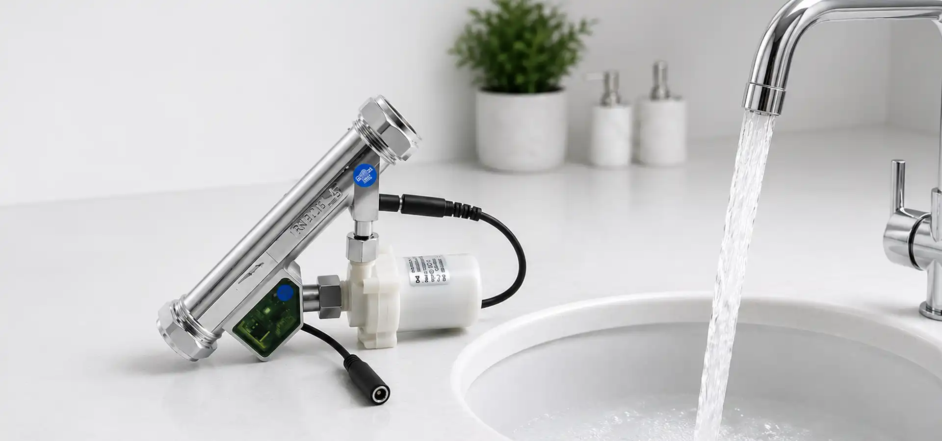 Shower Power Booster pump beside a sink with strong running water